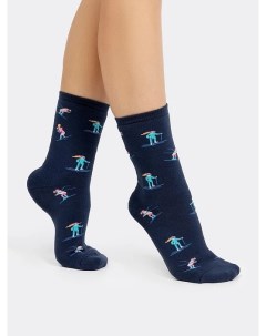 Высокие женские махровые носки темно синего цвета с рисунками Mark formelle