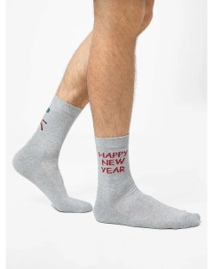 Высокие мужские носки с махровой стопой в оттенке серый меланж и новогодней надписью Mark formelle