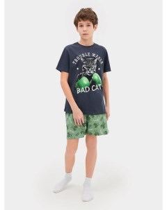 Комплект для мальчиков футболка шорты серо зеленый с котами Mark formelle