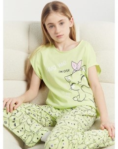 Комплект для девочек футболка брюки лаймо зеленый с котиками Mark formelle