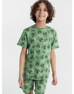 Комплект для мальчиков футболка шорты зеленый с принтом коты Mark formelle