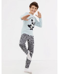 Комплект для мальчиков светло голубой лонгслив и серые брюки с изображением панд Mark formelle