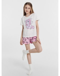 Комплект для девочек футболка шорты бело розовый со звездочками и единорогами Mark formelle