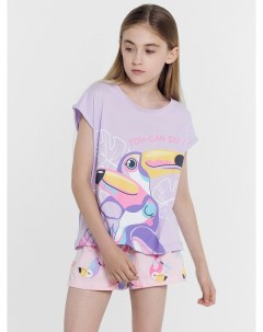 Комплект для девочек футболка шорты лилово розовый с птичками Mark formelle