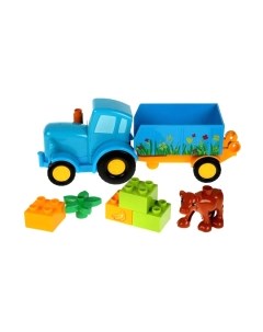 Конструктор Город мастеров Большие кубики Синий трактор с тележкой / 10007-GK