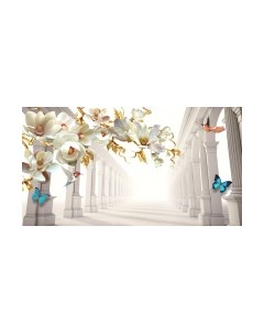 Фотообои листовые ФабрикаФресок 3D Абстракция. Золотые Цветы. Бабочки и Колонны / 1025270 Фабрикафресок