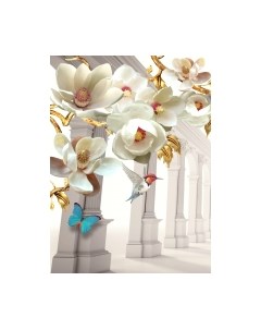 Фотообои листовые ФабрикаФресок 3D Абстракция. Золотые Цветы. Бабочки и Колонны / 1022270 Фабрикафресок