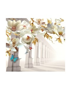 Фотообои листовые ФабрикаФресок 3D Абстракция. Золотые Цветы. Бабочки и Колонны / 1023270 Фабрикафресок