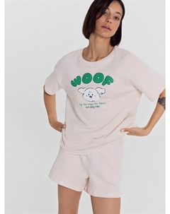 Комплект женский (футболка, шорты) бело-бежевый с милой собачкой Mark formelle