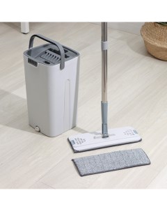 Швабра с отжимом и ведром, ведро с отсеками, швабра плоская, 2 кармана, 32×12×142 см, дополнительная насадка из микрофибры Raccoon