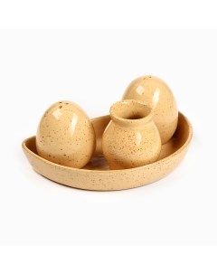 Набор для специй «Каракум», 3 предмета на подставке: солонка, перечница, ёмкость для зубочисток, жёлтый Борисовская керамика