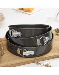 Набор форм для выпечки «Элин. Круг», 3 предмета: d=24/26/28 см, съёмное дно, антипригарное покрытие, чёрный Доляна