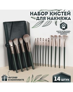 Набор кистей для макияжа Lillian, 14 предметов, футляр на завязках, зелёный, серый Qf