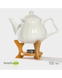 Заварочный чайник «Тюльпан», 700 мл, с подогревом, бамбуковая подставка, фарфор, белый Bellatenero