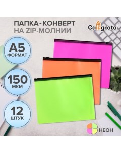 Набор папок-конверт на ZIP-молнии А5, 150 мкм, Neon, c черной молнией, полупрозрачные, неон, 12 штук, микс Calligrata