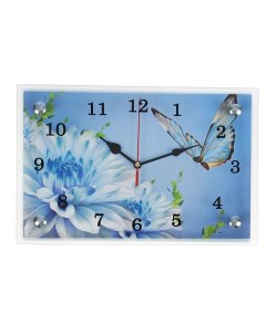 Часы=картина настенные, интерьерные «Бабочка и голубые цветы», бесшумные, 30×20 см Сюжет