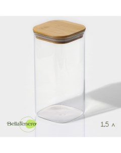 Банка для сыпучих «Эко. Квадратная», 1.5 л, 10×21 см, с бамбуковой крышкой, стекло, прозрачная Bellatenero