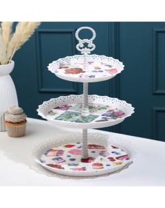 Этажерка для фруктов и десертов «. Ажур», 3 ярусная, пластик 20/26/29.5 см, белая, рисунок МИКС Доляна