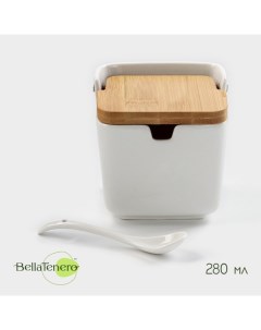 Банка для сыпучих продуктов, 280 мл, 9×9.5 см, с ложкой, бамбуковая крышка, фарфор, белая Bellatenero