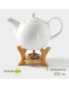 Заварочный чайник «Полосы», 850 мл, с подогревом, бамбуковая подставка, фарфор, белый Bellatenero