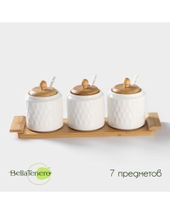 Банки для сыпучих «Тюльпан», 300 мл, с ложками, на бамбуковой подставке, фарфор, белые Bellatenero