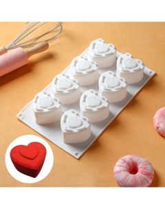Форма для муссовых десертов «Сердце», силикон, 29×17×4.3 см, 8 ячеек (5.5×6.2×3.5 см), белая Доляна