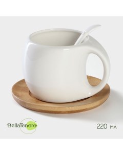 Чайная пара с ложкой, 3 предмета: чашка 220 мл, керамика, ложка, деревянное блюдце, белая Bellatenero