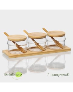 Банки для сыпучих «Эко. Грани», 295 мл, 10×13 см, набор 3 шт., на бамбуковой подставке, с ложками, стекло Bellatenero