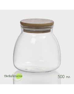 Банка для сыпучих «Бамбук», 500 мл, 9.5×10 см, с бамбуковой крышкой, стекло, прозрачная Bellatenero