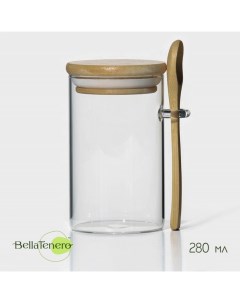 Банка для сыпучих продуктов с ложкой «Эко», 280 мл, 7×11 см, с бамбуковой крышкой, стекло, прозрачная Bellatenero