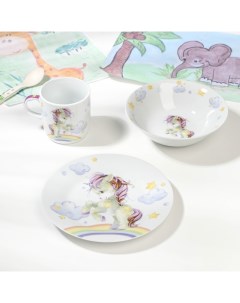 Набор детской посуды из керамики «Единорог», 3 предмета: кружка 230 мл, миска 400 мл, тарелка d=18 см, цвет белый Доляна