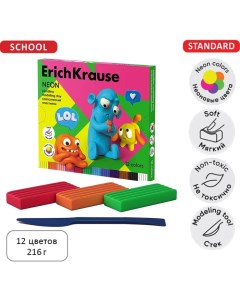 Пластилин 12 цветов, 216 г, "Jolly Friends Neon", со стеком, в картонной упаковке Erichkrause