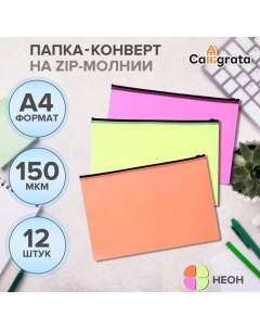 Набор папок-конверт на ZIP-молнии А4, 150 мкм, Neon, c черной молнией, полупрозрачные, неон, 12 штук, микс Calligrata