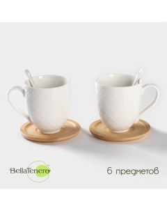 Набор чайный, 6 предметов: 2 чашки 350 мл, 2 деревянных блюдца d=12 см, 2 ложки, на бамбуковой подставке, керамика, белый Bellatenero