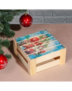 Подарочная коробка деревянная реечная «Ёлочная ветвь», 20×20×9 см, с крышкой, печать Дарим красиво