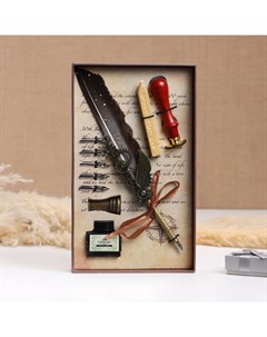 Набор подарочный 5 в 1 «Стимпанк»: перьевая ручка черная, чернила, наконечники, печать, воск Take it easy