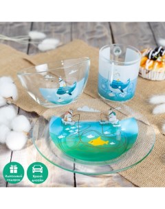 Набор детской посуды «Ловись большая и малая», 3 предмета: миска 450 мл, тарелка d=20 см, кружка 200 мл, стекло, прозрачный, голубой Доляна