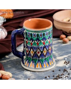 Кружка узбекская Риштанская Керамика «Узор», 500 мл, синяя Шафран