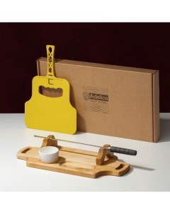 Подарочный деервянный набор для подачи шашлыка, доска - тарелка 40×18×5.5 см, шампур 1 шт., опахало, соусник, берёза Adelica