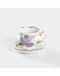 Чайная пара Добрушский завод «Сирень», 2 предмета: чашка 300 мл, блюдце d=15 см, фарфор, белая Добрушский фарфоровый завод