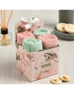 Салфетки махровые «. Маме», 30×30 см, 4 шт., 100% хлопок, 340 г/м², зелёные/розовые Этель