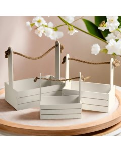 Набор деревянных кашпо «Аром», 3 шт., ручка - канат, белый Дарим красиво