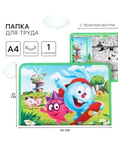Папка для труда А4 с пеналом, на молнии, текстиль, «» Смешарики