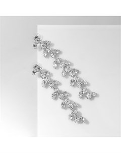 Серьги висячие со стразами «Гроздь» с листьями, цвет белый в серебре, 8 см Qf