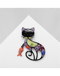 Брошь мультяшная «Кошка» с подвижной рыбой, цветная в чёрном металле Qf