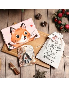 Набор в мешочке «. Веселый Новый год»: полотенце 40×70 см, формочки для запекания - 3 штуки Этель