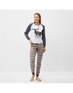 Пижама новогодняя женская (лонгслив, брюки), серая, размер 46 Tusi