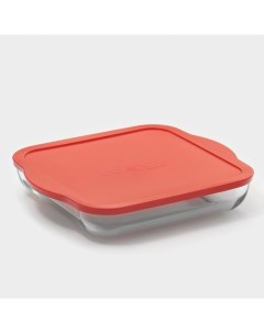 Форма для запекания Borcam, 3 л, 28.2×31.7 см, с красной крышкой, стекло, прозрачная Pasabahce