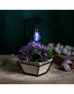 Горшок на подставке с синей подсветкой, керамический, 270 мл, 22×10×10 см, на батарейках AG3 (3 шт. в комплекте), белый на чёрной подставке Take it easy