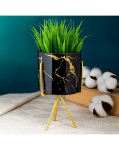 Горшок для цветов «Цилиндр: чёрный мрамор» керамический, 250 мл, 15×8×8 см, на золотистой металлической подставке Take it easy